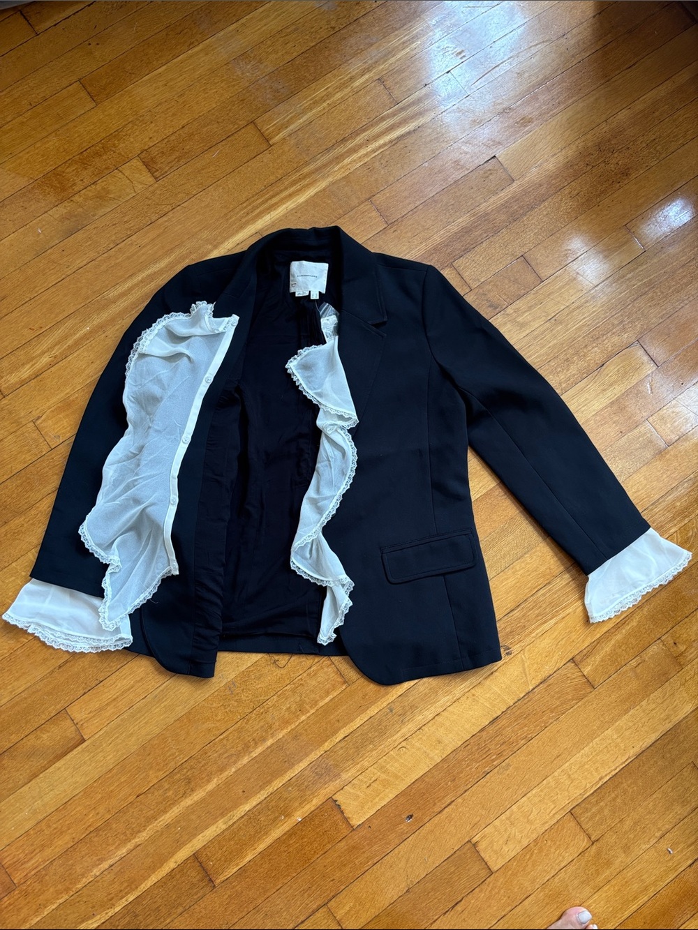 Anthropologie Black Blazer with White Ruffle Trim